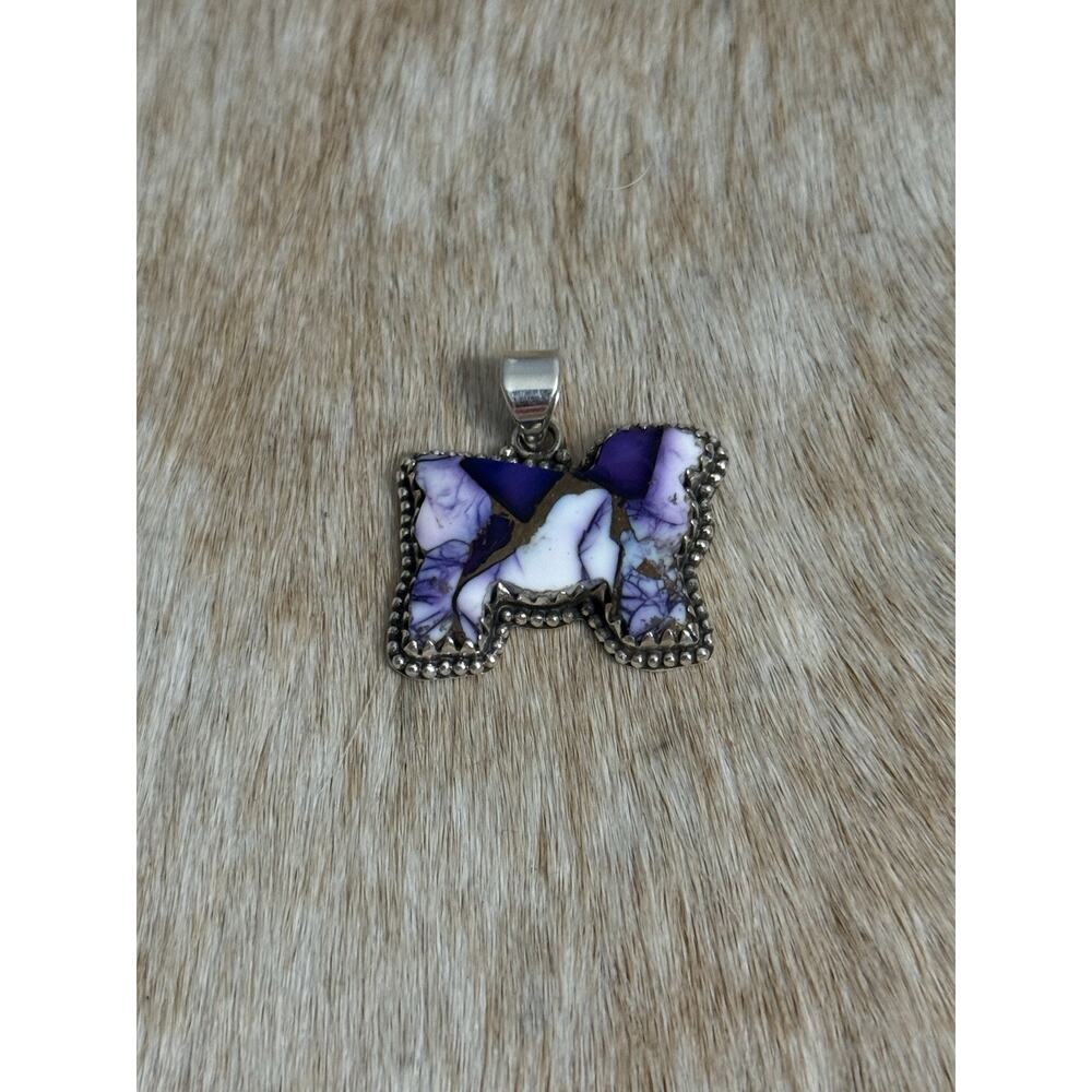 Native American SW Sterling Silver & Purple Dahlia Turquoise Sheep Cow Pendant - Picture 7 of 9